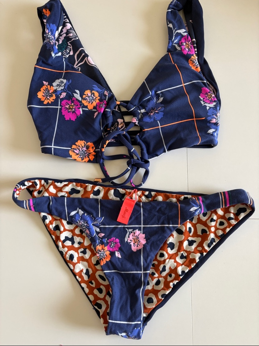 Maaji Navy Floral Grid Lace-Up Bikini Top & Leopard Reversible Bottoms